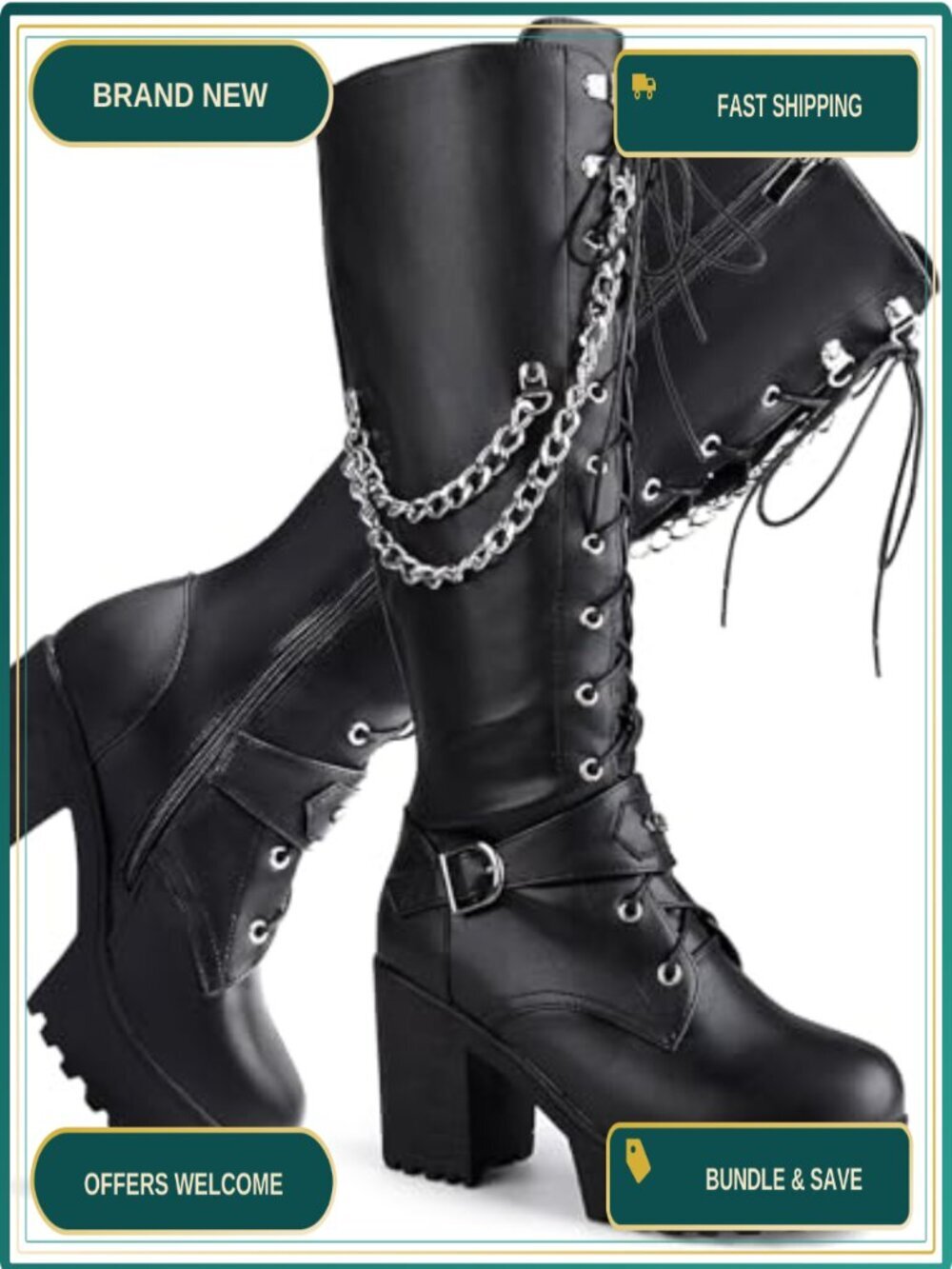 Women Platform Knee High Boots Chunky Heel Lace Up Side Zipper Synthetic